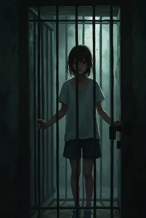  old girl,  with her brown hair tied up, wearing casual white clothes , in a cage, in a basement, not realistic