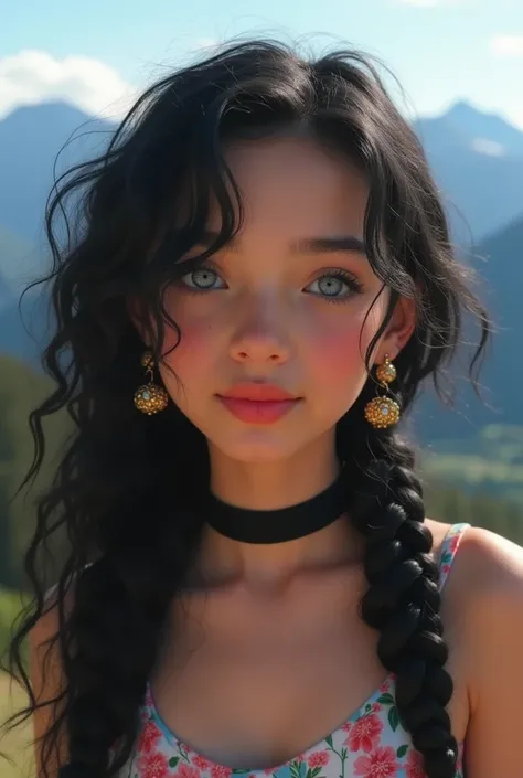 21-year-old girl, Angélicas face and square , teenage look, very light blue eyes !!, little hole in the chin and long curly black hair, zwo braids, mountain background, black colar, jewellery, floral summerdress, blush, earrings, red lips, two moles, Kinem...