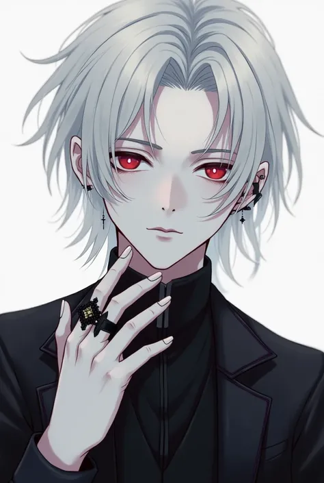 A femboy man with a black ring and white skin red eyes and a cross-shaped pressure earring and hes handsome hes a man hes a PNG 