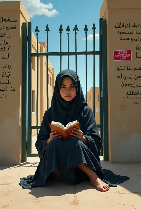 Afghan girl student banned from school, in art designed photo, sitting in front of the school gate,  hopeless at the door, in a sunny day, holding book, wearing burqa, in a realistic way, Pashtu language quotes are written on the wall