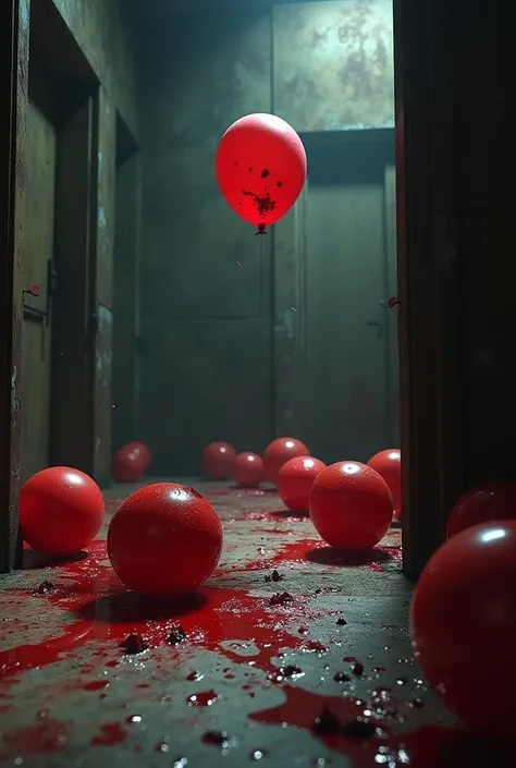 Bloodstained balloons on the floor and floating in the air 