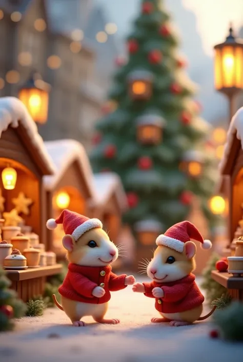  Tiny 3D hamsters, dressed in cute Christmas outfits, are at a bustling outdoor Christmas market, surrounded by festive stalls. Each stall is filled with miniature cakes, cookies shaped like stars and trees, and hot chocolate in tiny mugs. The market glows...