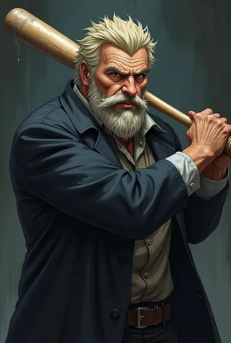 A man with a beard and short hair, dark blond and dark brown eyes and a big nose and wearing a black overcoat, holding a silver-colored baseball bat made of steel, realistic anime style. 
