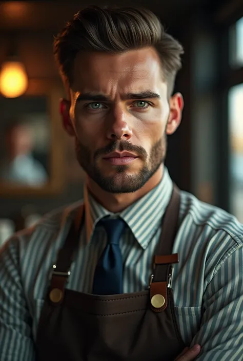 beautiful detailed eyes, beautiful detailed lips, extremely detailed portrait of a male barber, 1 man, barber shop, scissors, comb, apron, serious expression, professional, photorealistic, 8k, highres, best quality, masterpiece, ultra-detailed, hyper-reali...