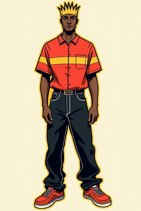  Red and yellow outline shirt, black pants white outline, head of crown,