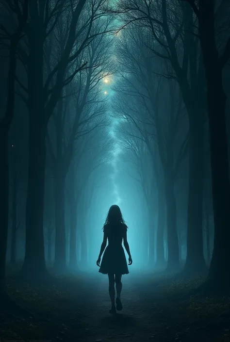  Hello I would like to create the back cover for my book . 
 I would like the back cover to be dark with the shade of trees an endless corridor,  with stars in the distance and litmus colored auras , And that in the background you can see dimensions ,  and...