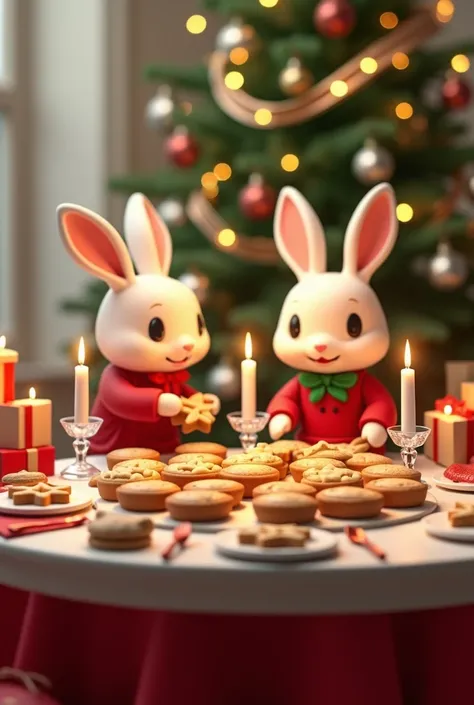  Cute 3D bunnies in festive clothing are setting up a Christmas dinner on a round table. The table is covered with a red and white cloth, piled high with mini pies, cookies shaped like stars, and cupcakes. Candles are lit in crystal holders, and gifts are ...