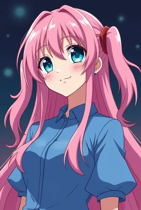  a cartoon drawing of a woman with long hair and a blue blouse, an anime drawing inspired by Rei Kamoi,  winner of the pixiv contest, what is?,  dark and cool twilight ,   pink hair with twin tails and cyan eyes  ,  pink squid humanoid girl , Gainax anime ...