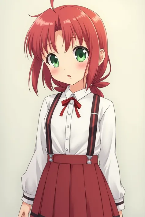 A  Japanese girl in primary school, a red with black stripes at the bottom of the skirt, 　suspenders, a white button-up long-sleeve dress shirt, a ribbon around the collar of the dress shirt, red hair thats shoulder-length with a small braid tied behind, w...