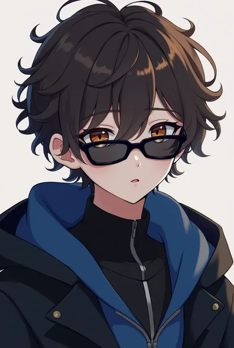  Anime boy ,  with brown eyes and curly hair, with black clothes and shades of blue.