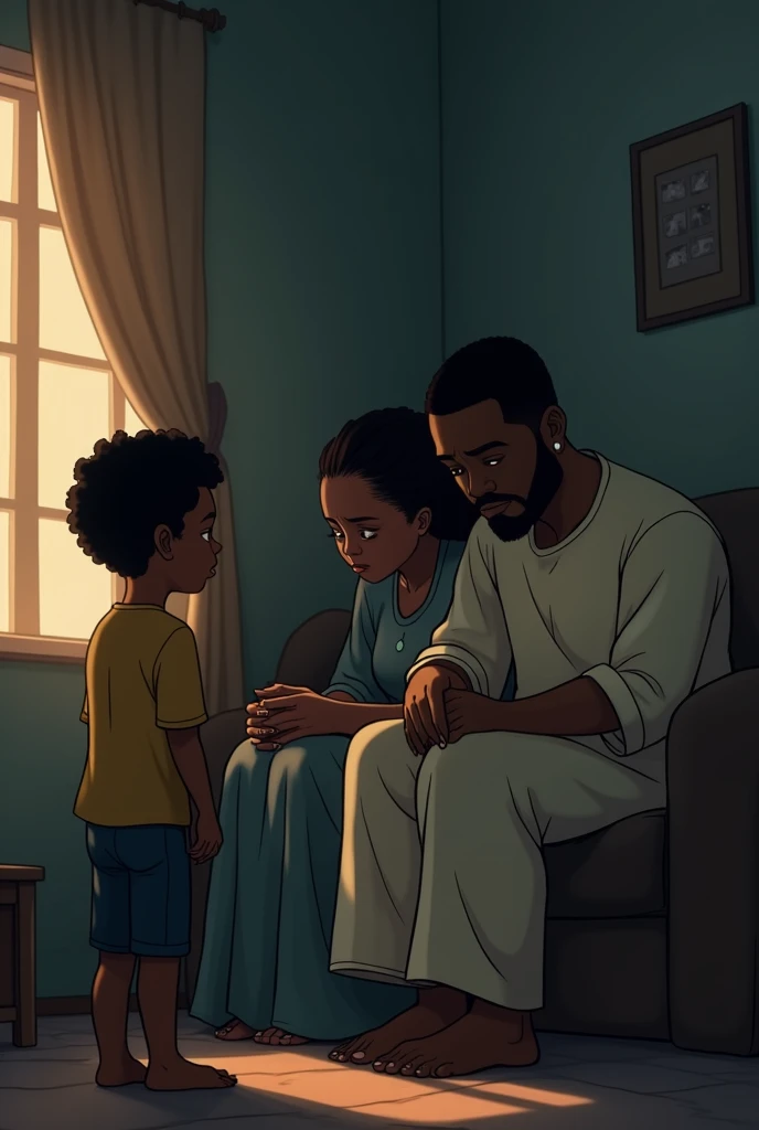 Animation of a sad Nigerian couple with a sad boy standing in front of them in their home
