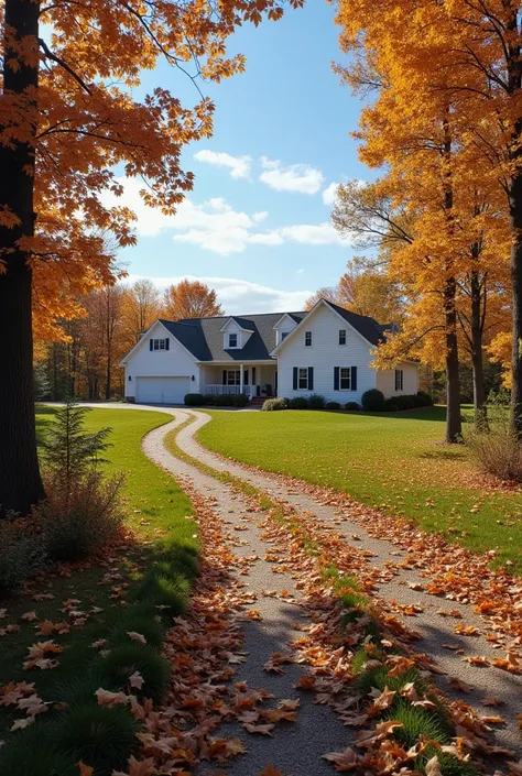 we lived on acreage with beautiful woods on three sides of our property. I guess I envision our winding drive to our raised ranch with a garage underneath. The house was white with full fall color against a blue sky. 
     The trail went up off the deck ov...