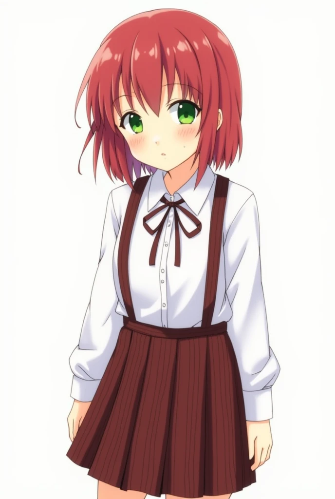 A  Japanese girl in primary school, a red with black stripes at the bottom of the skirt, 　suspenders, a white button-up long-sleeve dress shirt, a ribbon around the collar of the dress shirt, red hair thats shoulder-length that tied to a small braid, with ...