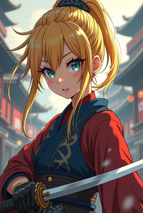 A samurai woman with eyes cartoon style she has blonde hair in Japanese anime cartoon style 