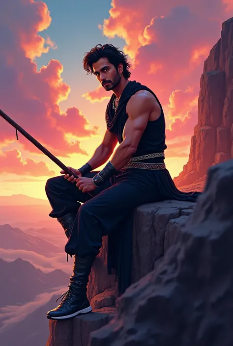 "Create a dramatic bollywood -style illustration of a warrior bollywood actor varun dawan with  black hair sitting on a rocky cliff during a vibrant sunset. He is wearing an black dancing outfit with white accents and a belt, looking at camera holding a lo...