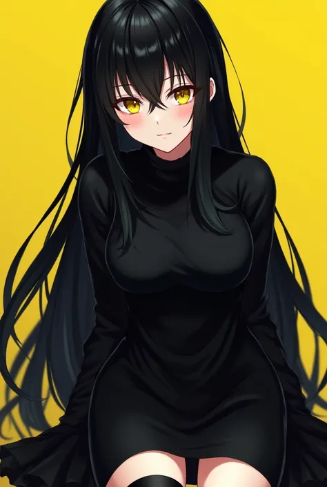 anime women with black hair yellow eyes black turtleneck black skirt with black socks