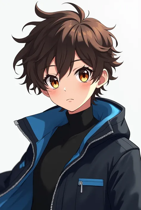  Anime boy , with brown eyes and curly and curly hair, with black clothes and shades of blue.