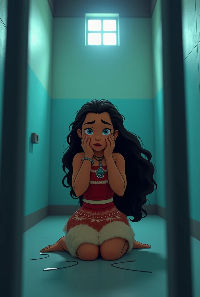 ((best quality)), ((masterpiece)), (detailed), Make the character Moana, she is trapped in a prison cell, Moana is crying, Roblox game style graphics, bright and vibrant colors