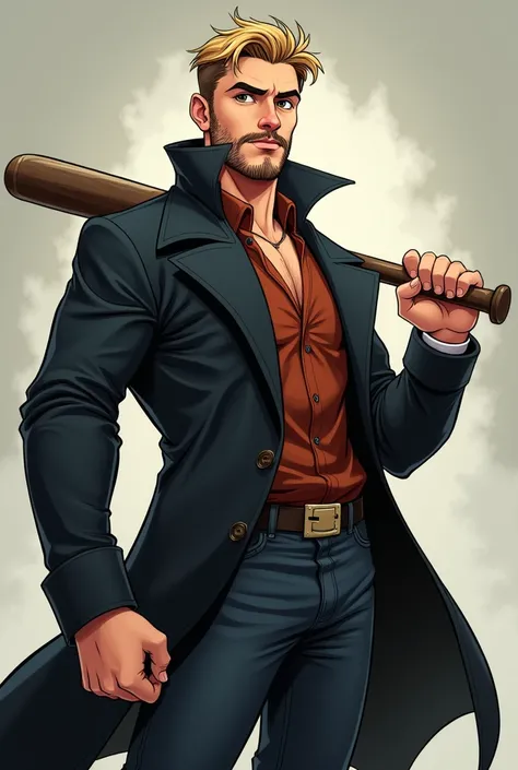  A young man with a mustache and short beard and short blond hair and small, dark brown eyes , a big nose ,  wearing a black overcoat , holding a baseball bat made of steel ,  high quality , 4K , cartoon style masterpiece  