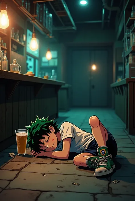 Deku, drunk in a shirt, shorts and Brazil-themed sneakers, is sleeping in an empty bar and a glass of beer next to him.