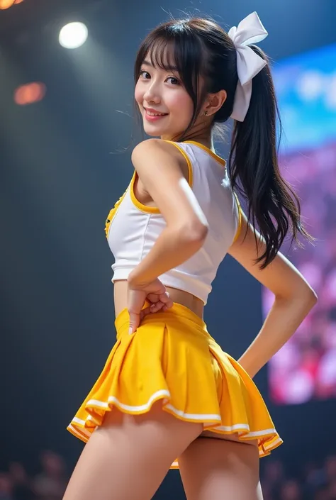  super low angle,whole body, dancing on stage , 20-year-old Japanese woman turning her butt ,japanese,Korean style beauty,Transparency, white skin,Brown eyes,cute,cute,Idol,Idol, portrait,Model, long hair,bangs, black hair, twin tails, small breasts,Gloss,...