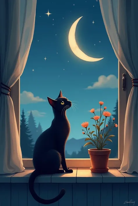 Illustration of a cat, who is sitting on the windowsill and looking at the crescent moon; there is also a flower pot on the windowsill 