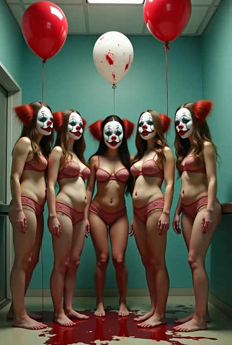 5 girls with the face of the clown in it with huge breasts and in blood-stained panties and bra with red and white balloons stained with blood on the ceiling and on the floor and Freddy puncturing one and the clown it floating in a hospital room 