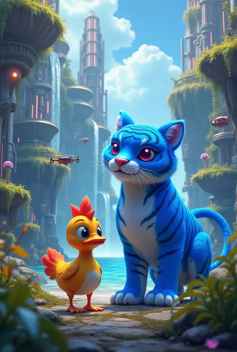 "An anthropomorphic duck with a unique, colorful design, standing alongside a majestic blue tiger in a futuristic, extraordinary landscape. The duck exudes personality with a playful expression and vibrant feathers, while the blue tiger has shimmering, neo...