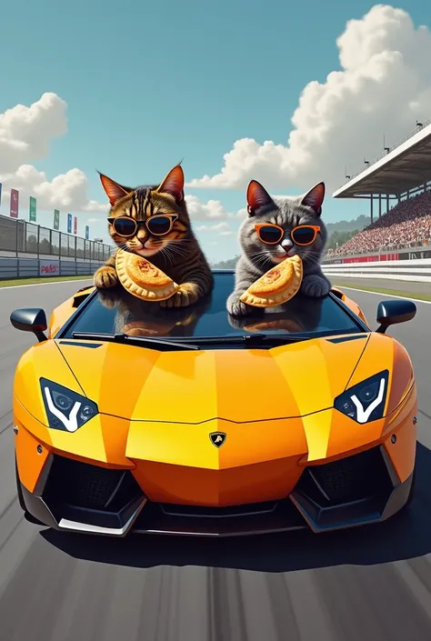 Oil painting of a tortoiseshell cat and a gray cat with sunglasses driving a Lamborghini across a race track eating empanadas