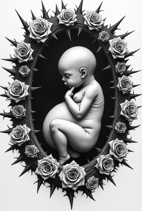  Black and white drawing of the embryo inside the mother, spiked with roses  