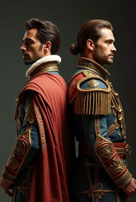  Two men with their backs to each other .  The man on the left wearing the clothes of a prince is very handsome, with a sovereign look ,  on the right side a handsome man ,  wearing the clothes of a Spanish royal guard , with a serious face . high resoluti...