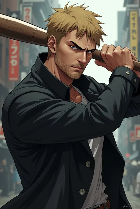  A young man with a mustache and short beard and short blond hair and small, dark brown eyes , a big nose , face with a wider shape  ,  wearing a black overcoat , holding a baseball bat made of steel ,  high quality , 4K ,  very detailed anime-style master...