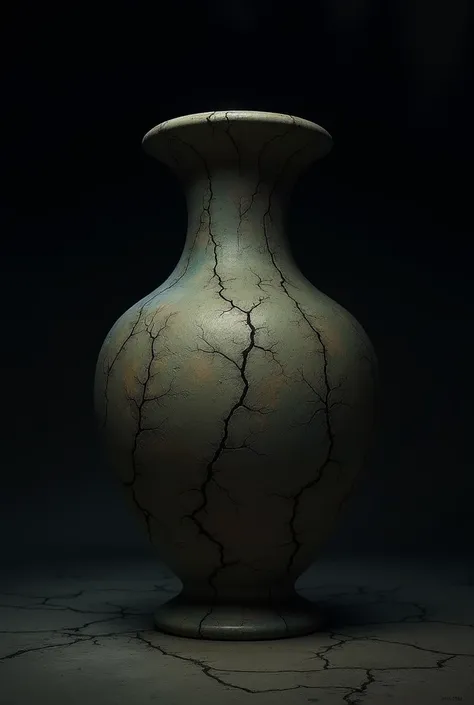 Create me a drawing of a vessel with cracks on a black background with shade and lighting 