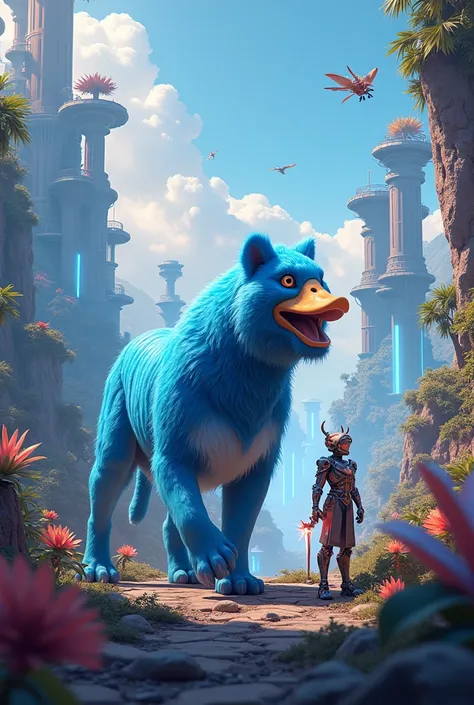 "A hybrid creature combining the body of a blue tiger with the head of a duck, set in a futuristic and extraordinary landscape. The hybrid has the powerful, muscular body and neon-blue fur of a tiger, but its head is that of a duck, with vibrant feathers, ...