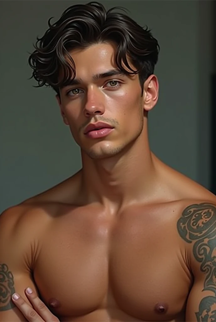 Handsome young man , 20 years old,  honey-colored eyes ;  Her dark hair  ,  short and wavy  ;  His lightly traced face his plump lips and rosy . His straight and small nose .  He is shirtless with the sample tattoos that stood out over his muscular biceps....