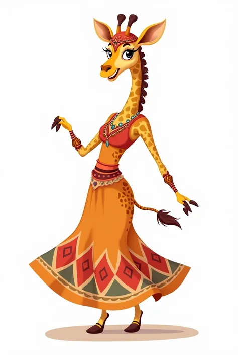 a cute  cartoon woman giraffe with arabic mask and dress righ fit for dancing with white background 