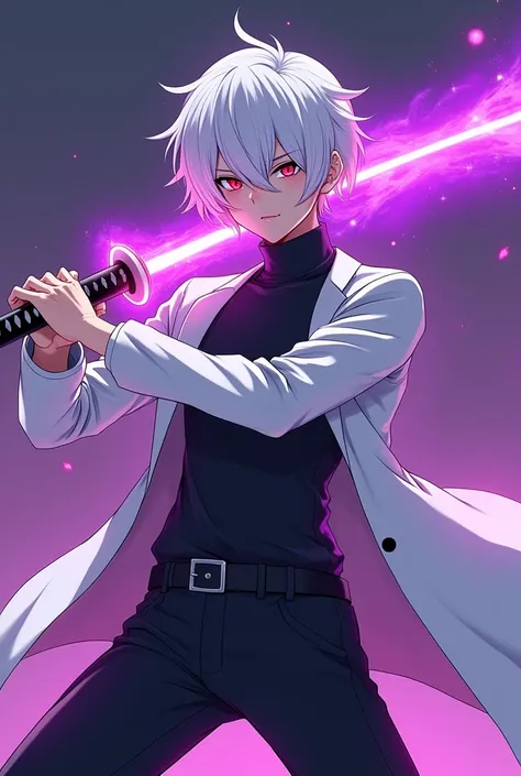 Anime 2d,boys,full white skin,white coat short hands outwear,black turtle neck sweather,white hair,glowing red eyes,holding big neon purple katana,