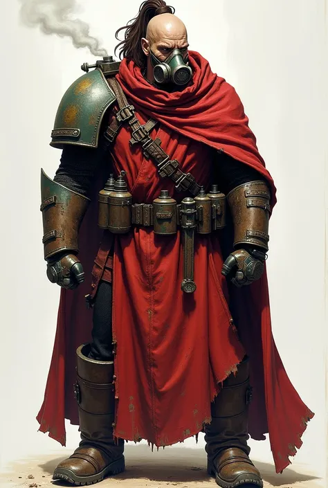 Warhammer Tech Priest, male, full body, mechanical right arm, tattered red robes, large lower face gas mask, no hood, braided dark brown pony tail, pallid skin, mechanical eye, steam exhausts on right arm only, belt and back of chemical vials.