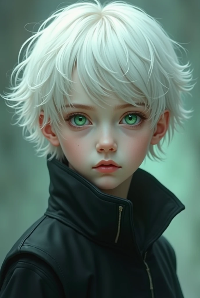 boy with pale skin white hair and emerald eyes wearing black clothes 