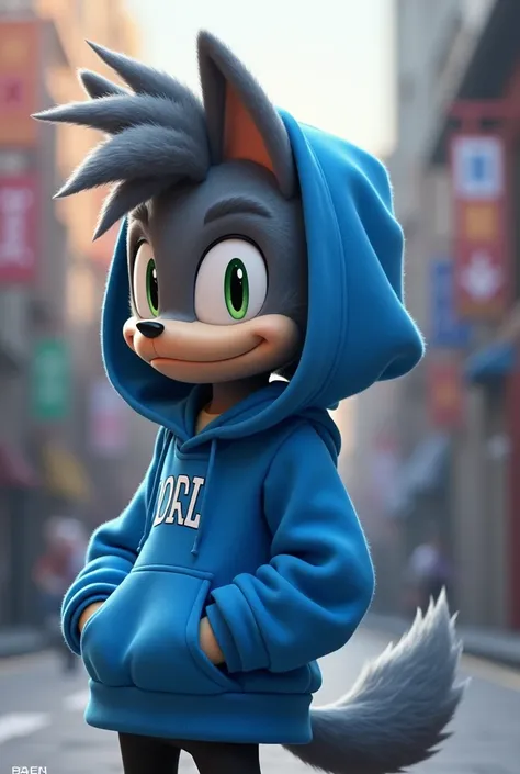 Sonic, mobian, male, gray, in blue hoodie,