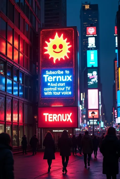  Announcement on a luminous sign in New York United States the sign will read "Suscríbete a Ternux 🔥 y empieza a controlar tu TV con tu Voz" 