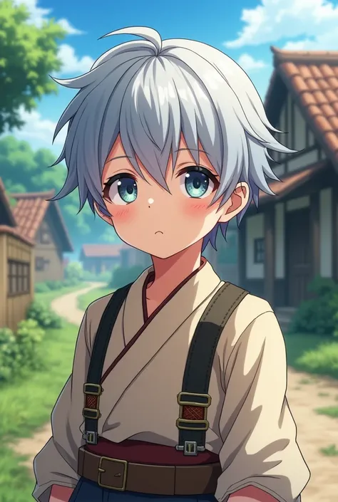 A anime boy in the age of 7 with crime eyes and Siver hair, the hair style is similar to MC in isekai , a clothing is like a farmer village clothes 