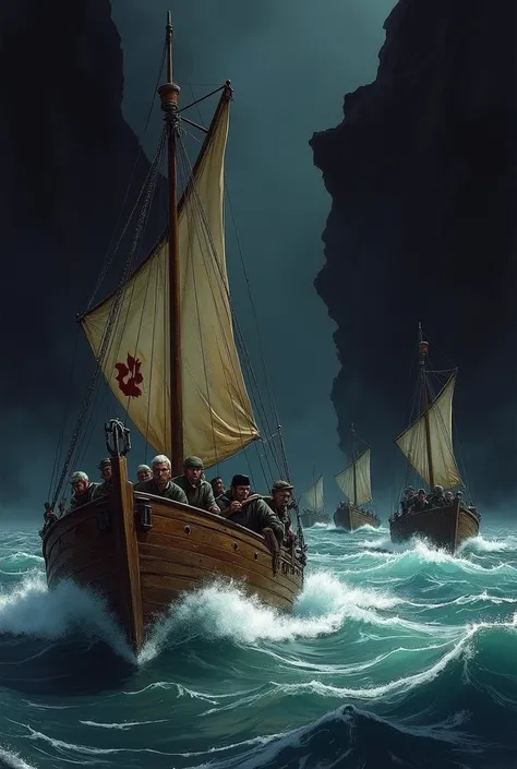 Create me a drawing of a boat squad with a crack and a black background with shade and lighting 