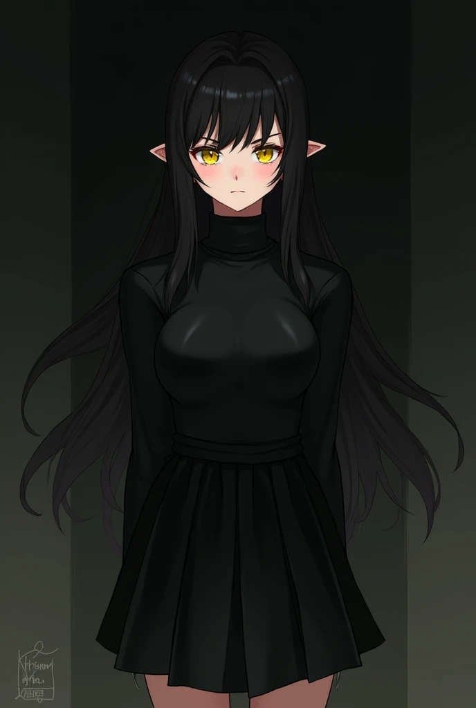  Anime elf girl with black hair yellow eyes black turtleneck black skirt and black socks