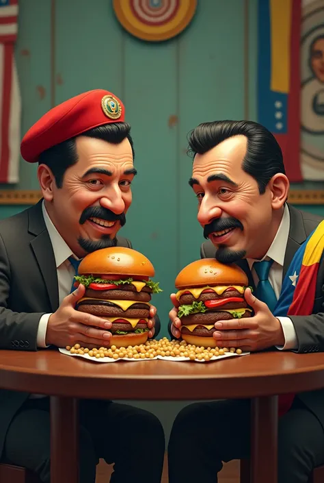 Chavez and Maduro eating hamburgers 