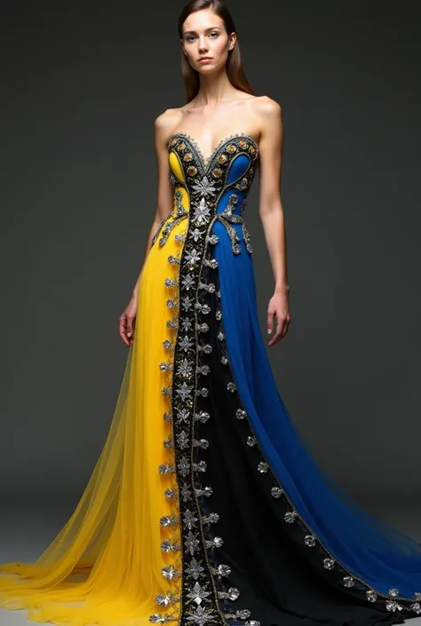 Yellow black and blue dress with diamonds in 
design
