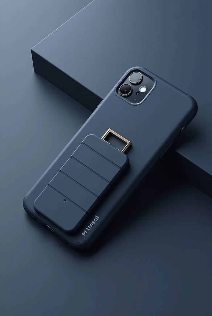 A phone case that in the back has to carry the car keys always with you that is dark blue and that has the letters BIM in capital letters on one side