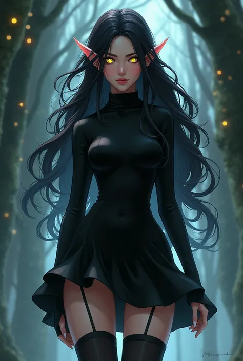  Anime elf women with black hair yellow eyes black turtleneck black skirt and black socks