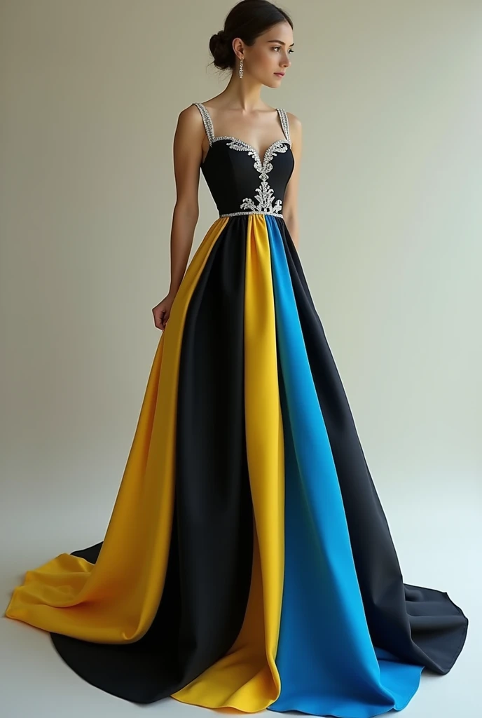 Yellow black and blue dress with diamonds in 
modest design with a faint cut
