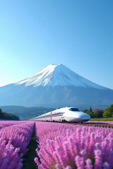 The snow-capped Mount Fuji is in the background, while in the foreground a vast field of pink and purple flowers stretches out into the distance, leading to a modern white Shinkansen bullet train running parallel to the center of the frame. The trains futu...